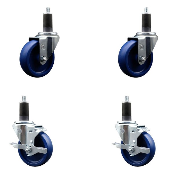 4'' Solid Poly Wheel Swivel 1-1/4'' Expanding Stem Caster Set 2 Brakes, 4PK